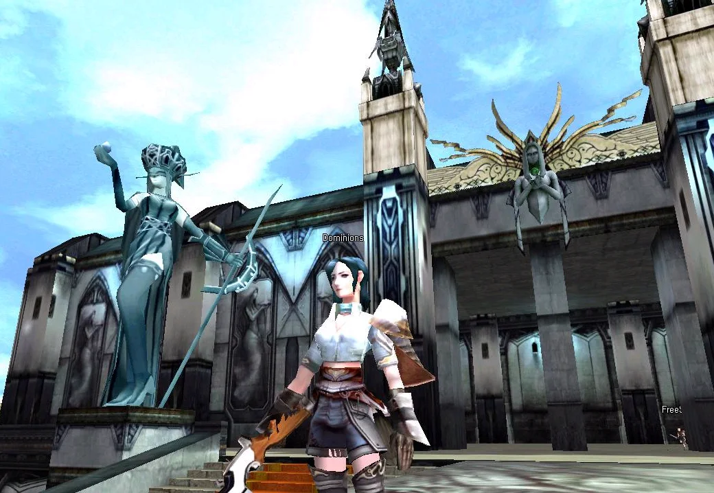 Celestial architecture and a floating winged guardian — official screenshot, 2004